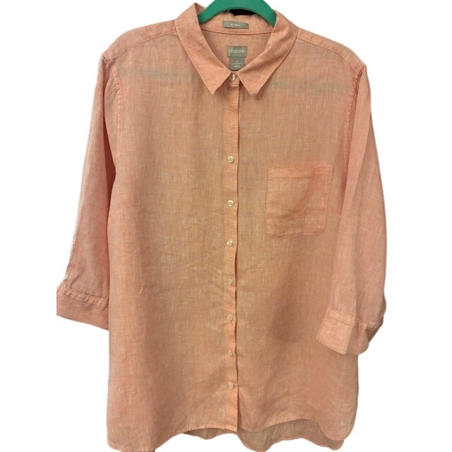 Chico's Linen Shirt Women 4x Coral Orange Excellent No Iron 3/4 Sleeve Button Up